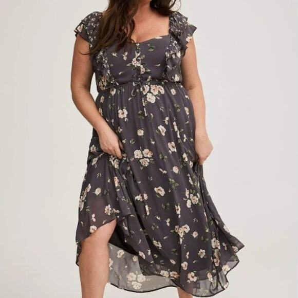 Torrid Blue Flower Floral Button Maxi Tie Ruffle Chiffon Dress Plus Size 2X - Picture 1 of 7